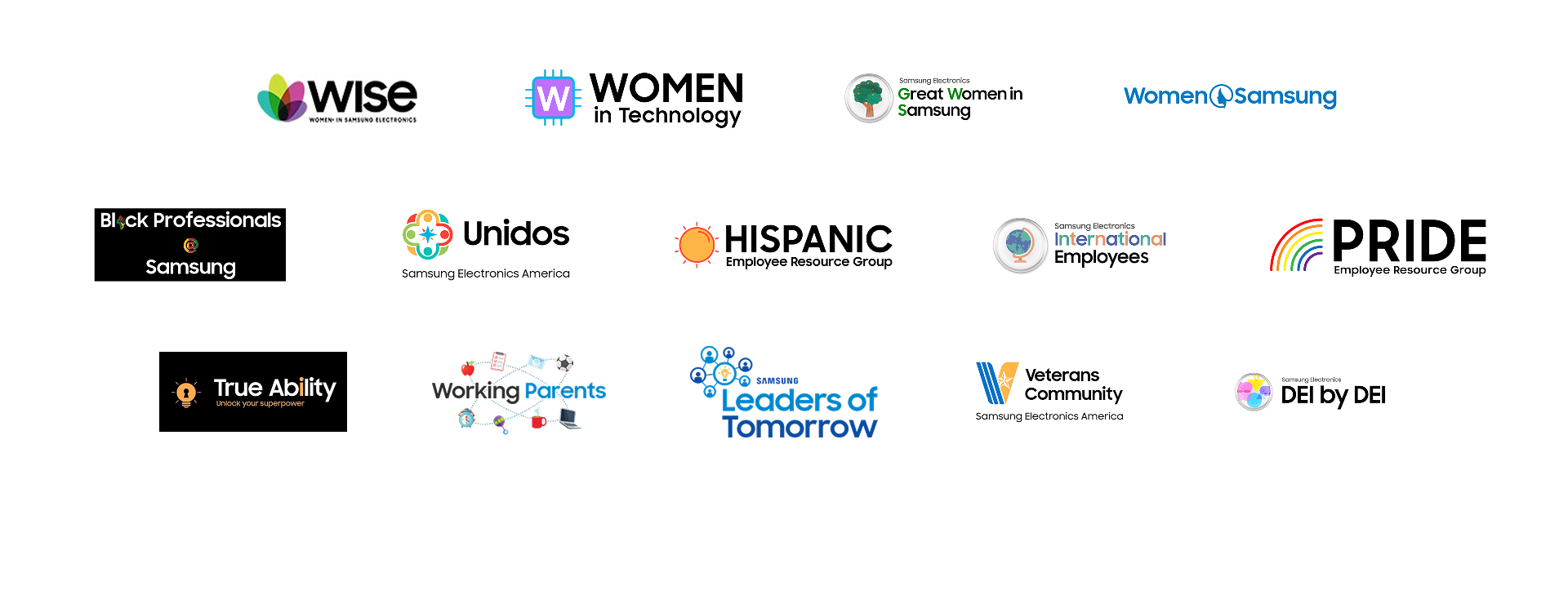 Wise(women in Samsung electronics),  WOMEN in technology, Samsung Electronics Great Women in Samsung, Women Samsung, Black Professionals @ Samsung, Unidos Samsung Electronics America, HISPANIC Employee Resource Group, Samsung Electronics International Employees, PRIDE Employee Resource Group, True Ability Unlock your superpower, Working Parents, SAMSUNG Leaders of Tomorrow, Veterans Community Samsung Electronics America, Samsung Electronics DEI by DEI